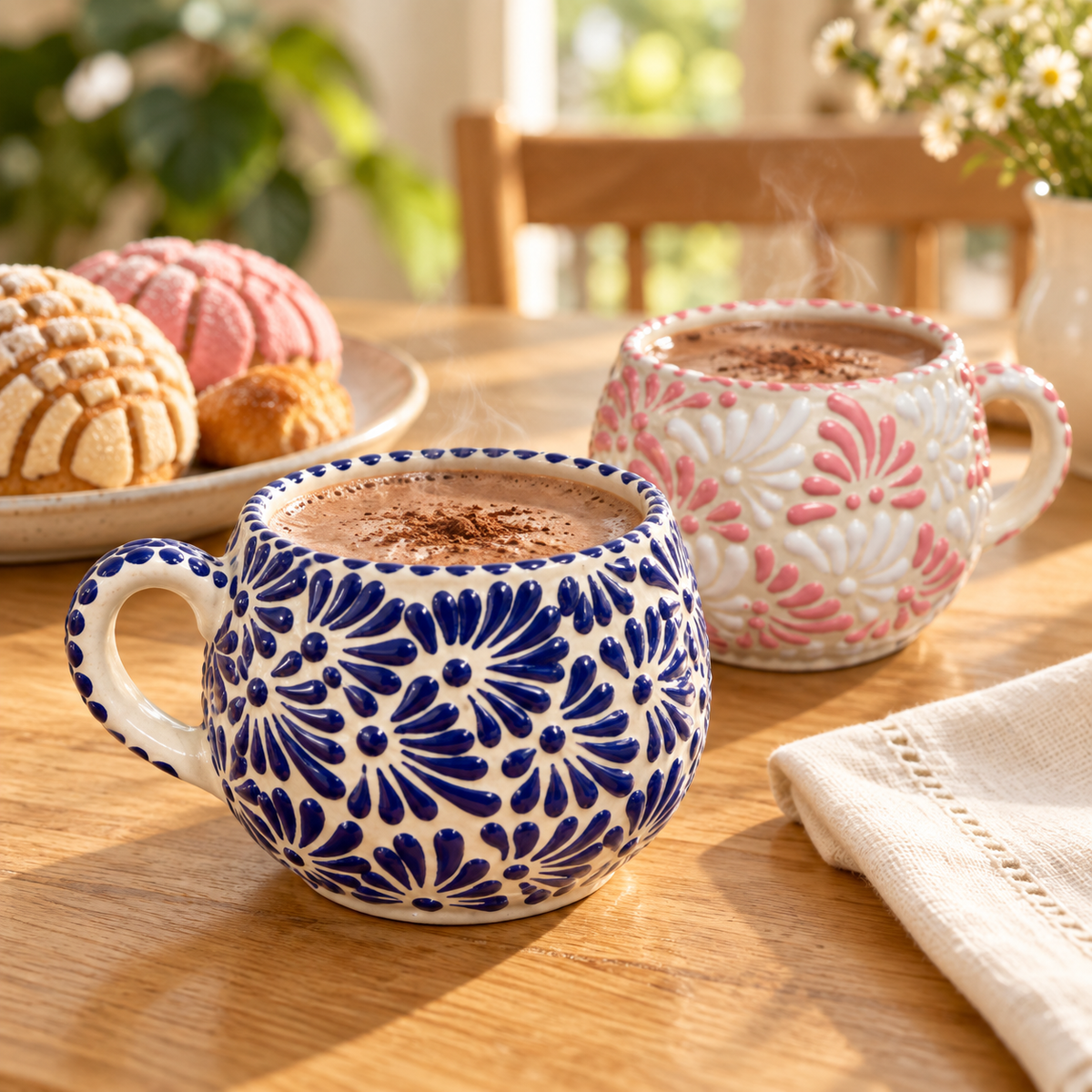 Tazas chocolateras de Talavera azul cobalto y rosa con chocolate caliente en una mesa con pan dulce