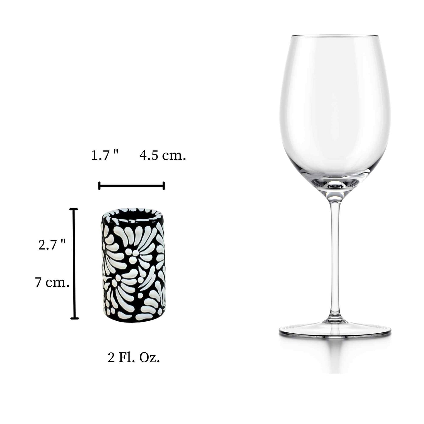 Tequileros de Cerámica de Talavera 100% Artesanal (Blanco/Negro, 2 Oz.) - MAREY - Vaso Tequilero