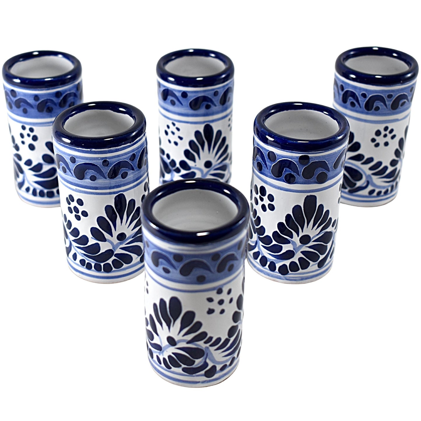 Vasos Tequileros | Cerámica de Talavera | 100% Artesanal | (Decorado Azul, 2 Oz.)