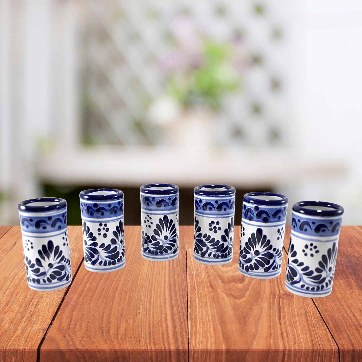Vasos Tequileros | Cerámica de Talavera | 100% Artesanal | (Decorado Azul, 2 Oz.)