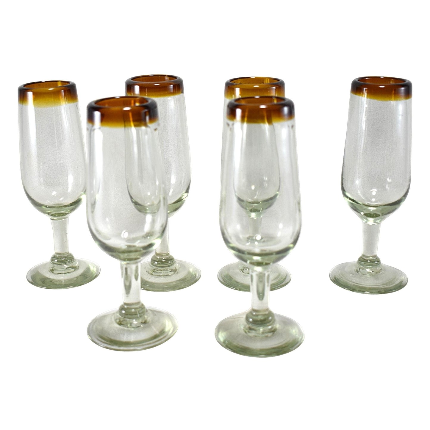 Copas de Vino | Vidrio Soplado | Set de 6 Piezas | Artesanal | (Filo Ámbar, Champagne Corta) - MAREY -