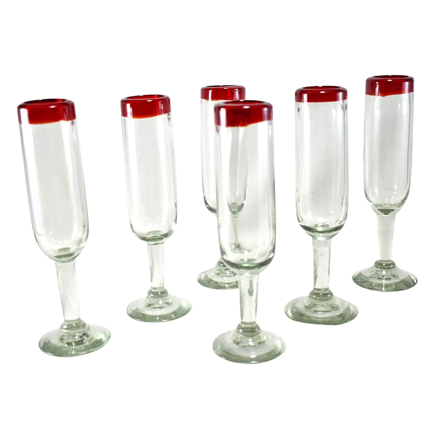 Copas de Vino | Vidrio Soplado | Set de 6 Piezas | Artesanal | (Filo Rojo, Flauta) - MAREY -