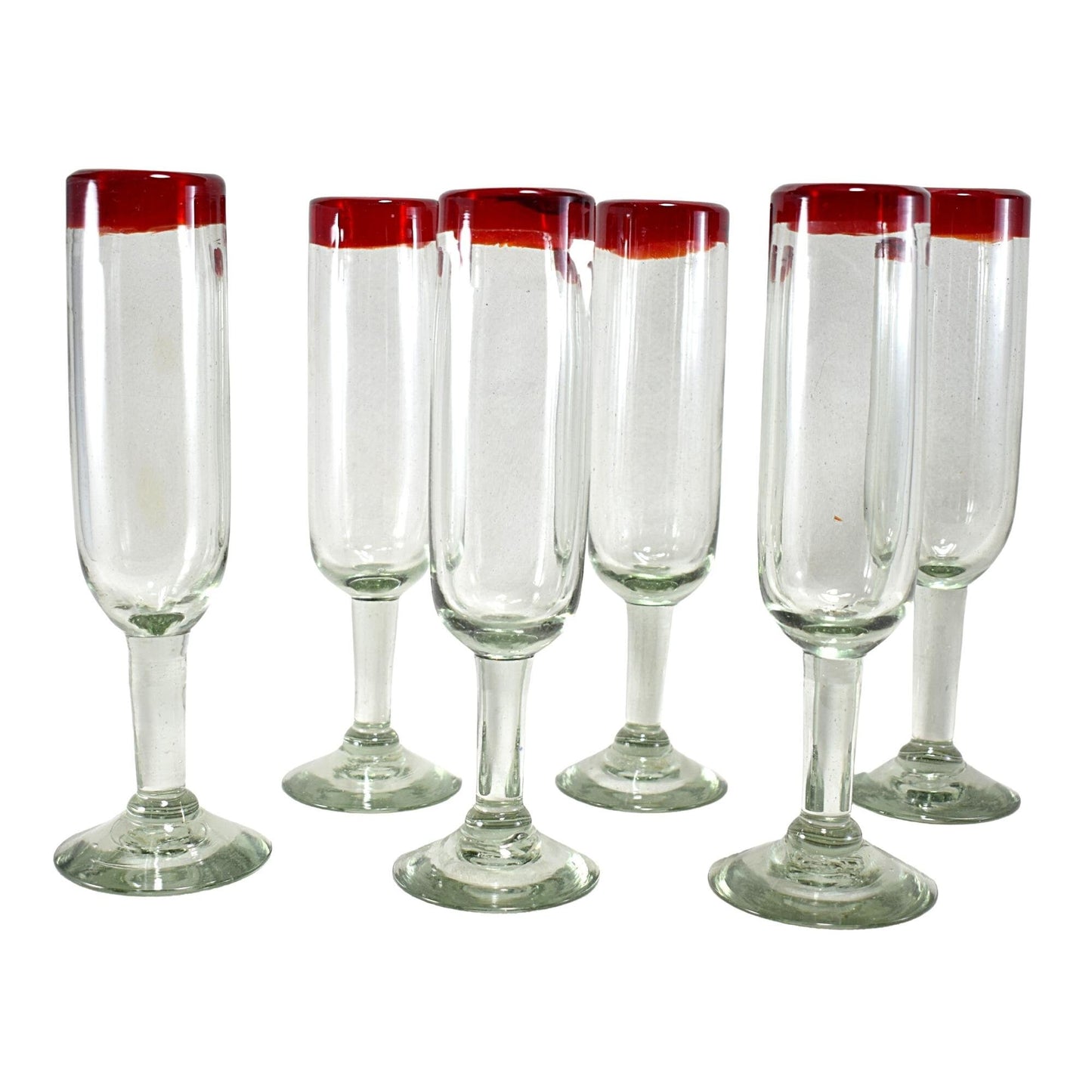 Copas de Vino | Vidrio Soplado | Set de 6 Piezas | Artesanal | (Filo Rojo, Flauta) - MAREY -