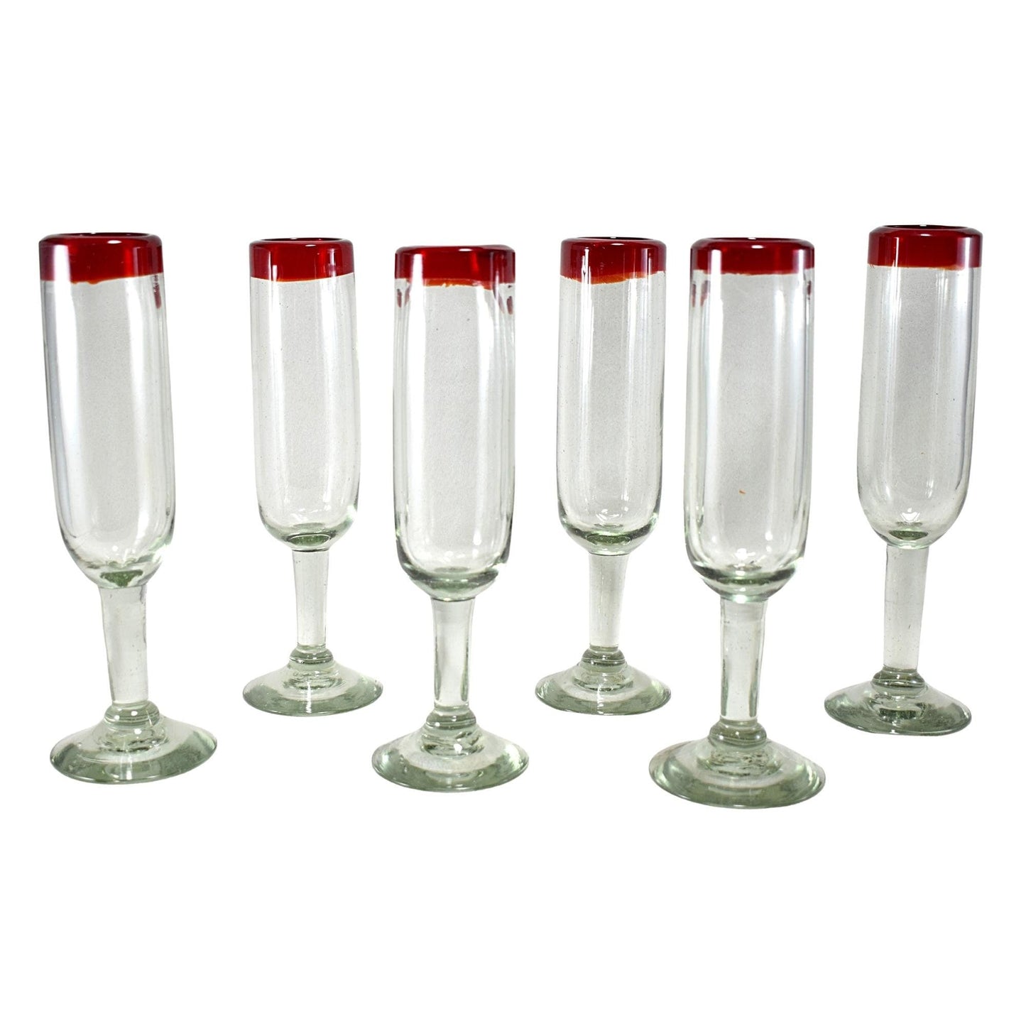 Copas de Vino | Vidrio Soplado | Set de 6 Piezas | Artesanal | (Filo Rojo, Flauta) - MAREY -