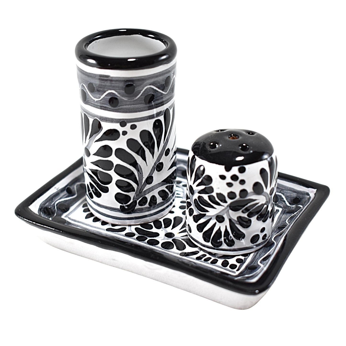 Set de Tequilero & Salero con Bandeja | Cerámica de Talavera Poblana (Blanco & Negro, 2 Oz.) - MAREY -
