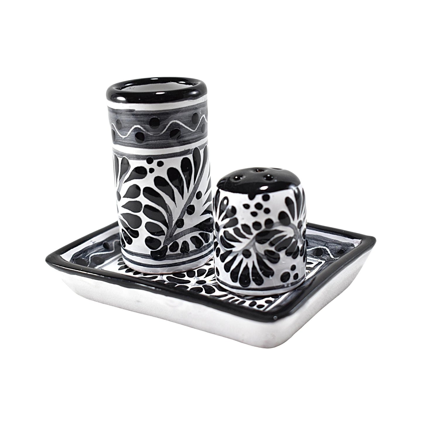 Set de Tequilero & Salero con Bandeja | Cerámica de Talavera Poblana (Blanco & Negro, 2 Oz.) - MAREY -