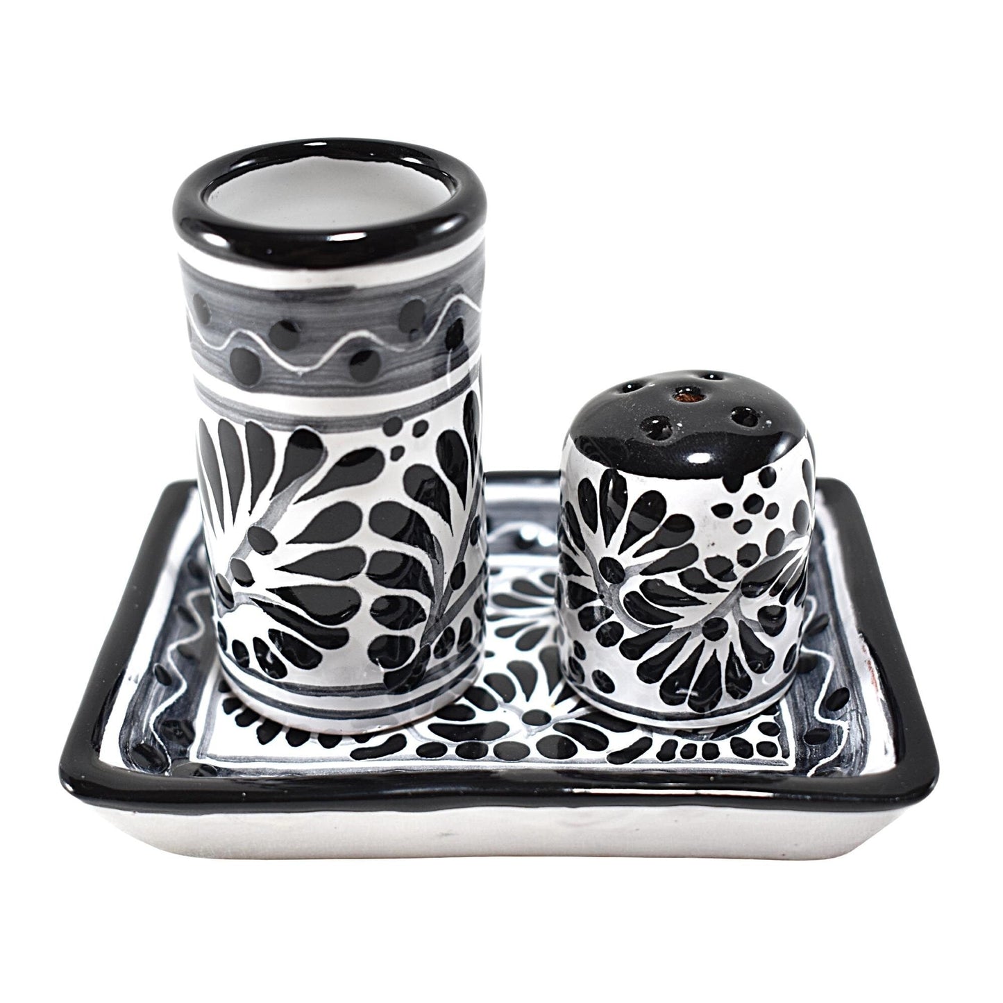 Set de Tequilero & Salero con Bandeja | Cerámica de Talavera Poblana (Blanco & Negro, 2 Oz.) - MAREY -