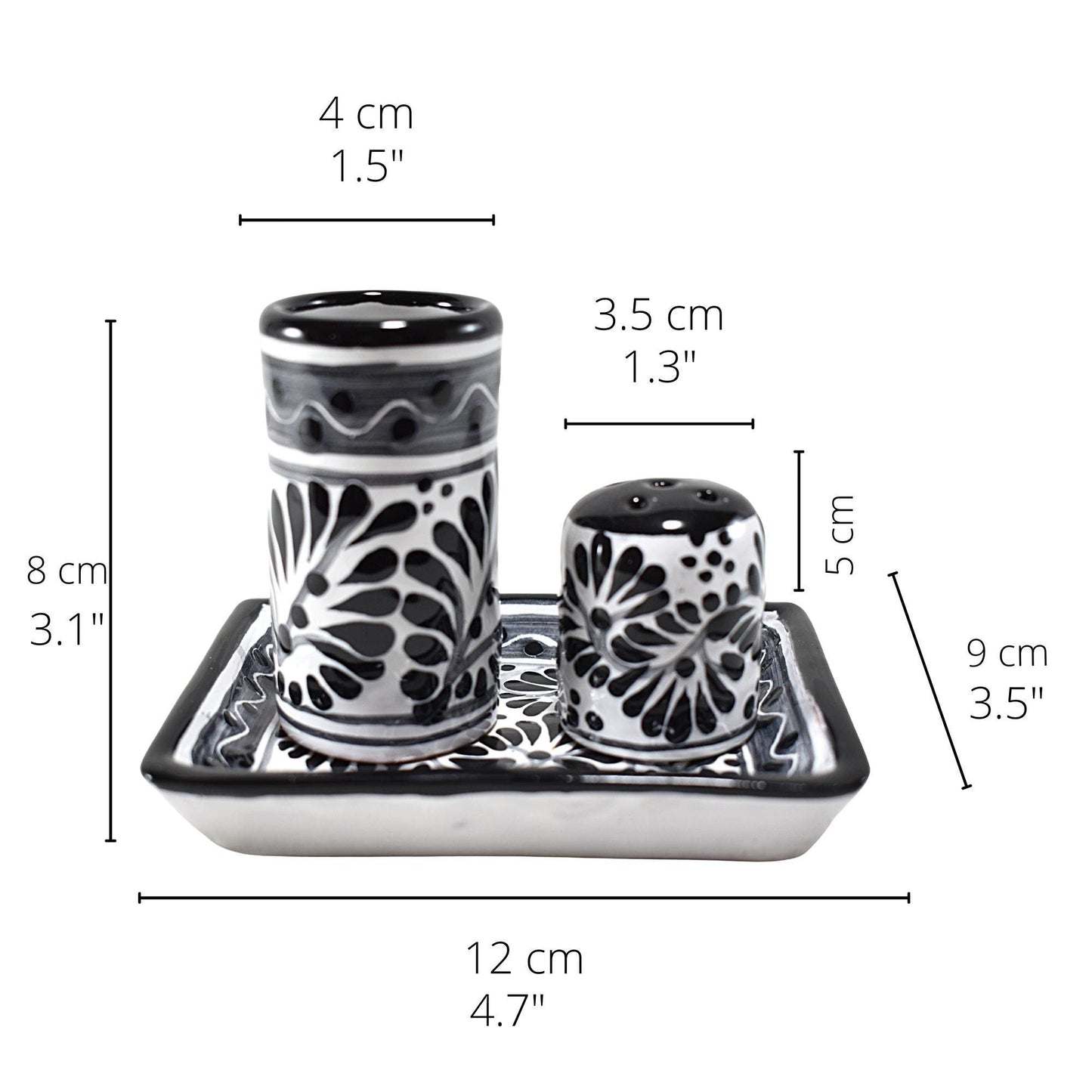 Set de Tequilero & Salero con Bandeja | Cerámica de Talavera Poblana (Blanco & Negro, 2 Oz.) - MAREY -