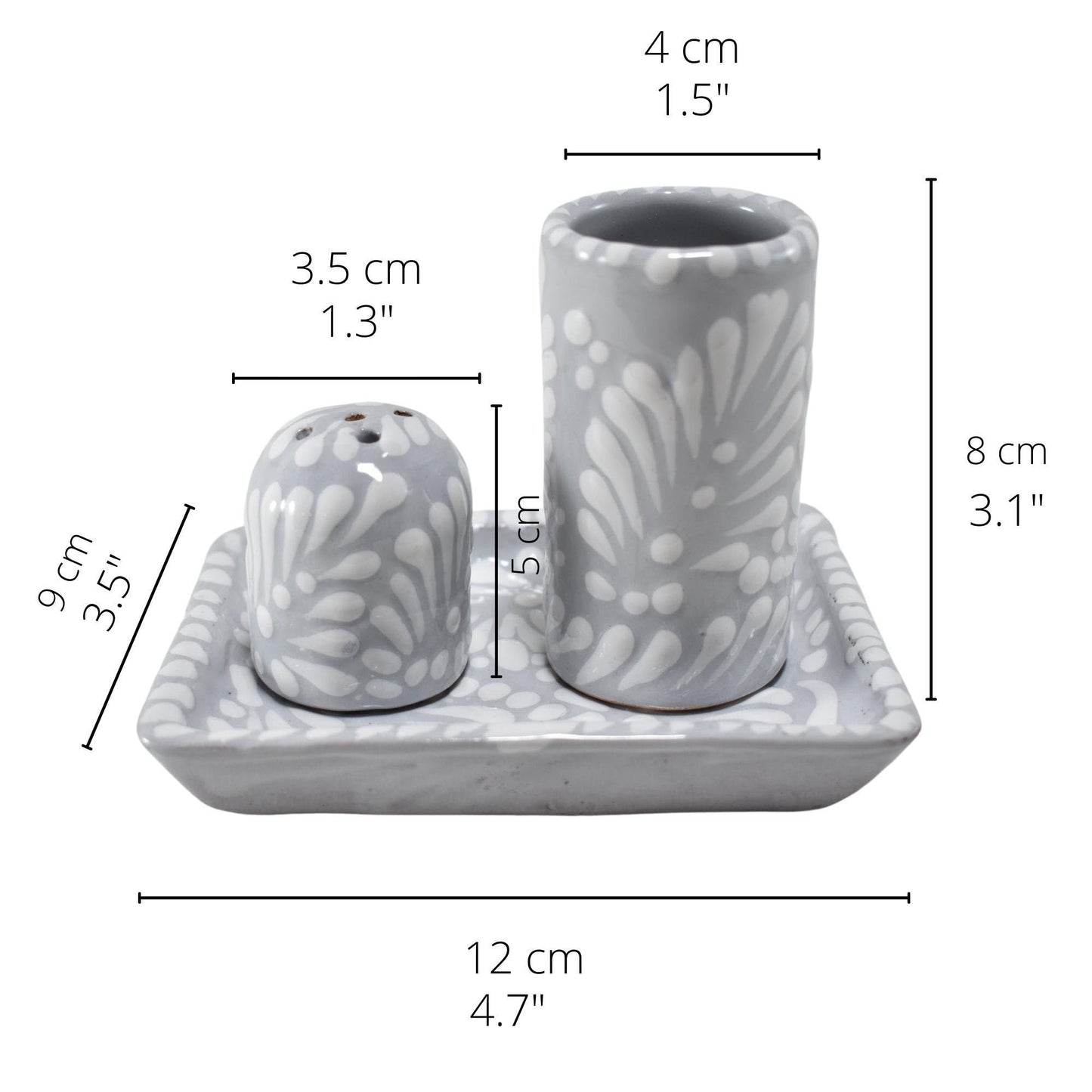 Set de Tequilero & Salero con Bandeja | Cerámica de Talavera Poblana (Gris Sobre Blanco, 2 Oz.) - MAREY -