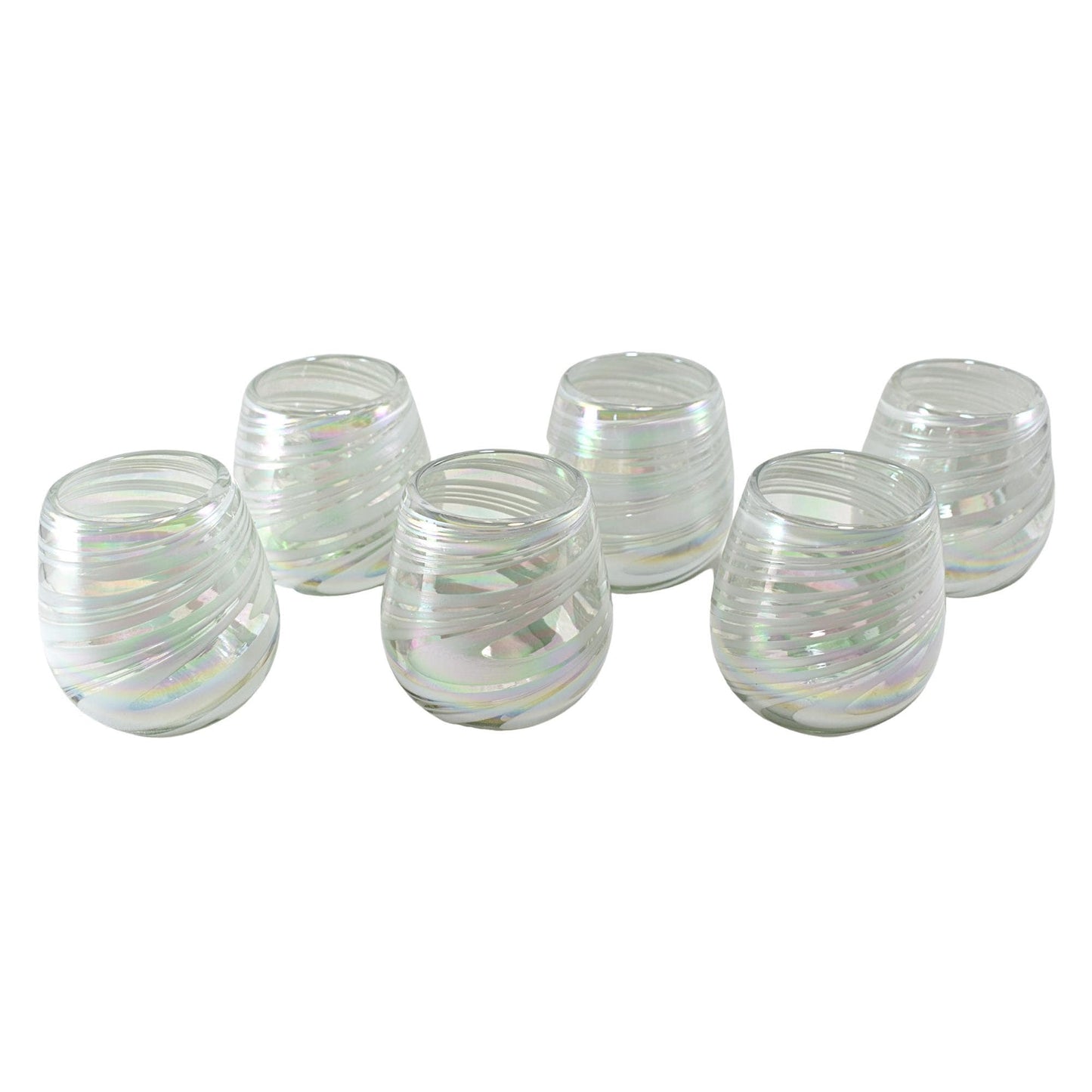 Vaso Stemless | Set de 6 Piezas | Hechos Artesanalmente en México | Vidrio Reciclado | Artesanal | (Blanco Pearly Swirl, 14 Oz.) - MAREY - Vaso
