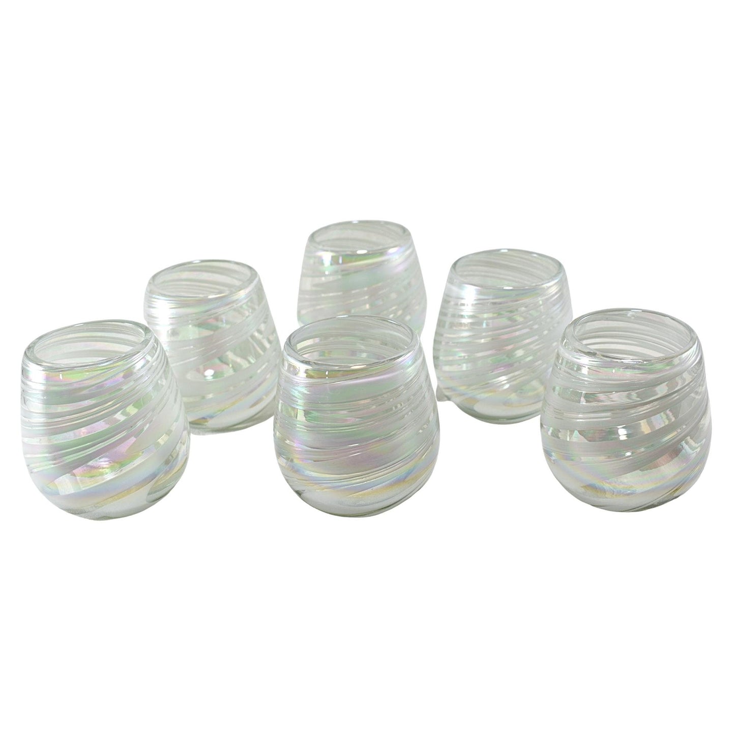 Vaso Stemless | Set de 6 Piezas | Hechos Artesanalmente en México | Vidrio Reciclado | Artesanal | (Blanco Pearly Swirl, 14 Oz.) - MAREY - Vaso