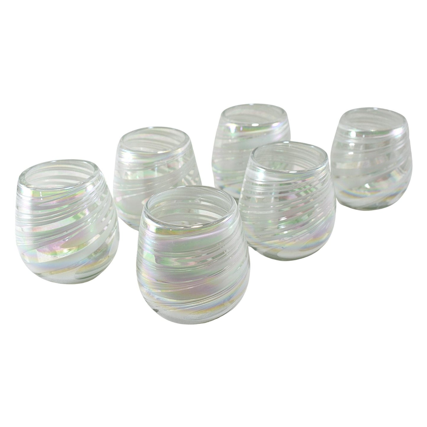 Vaso Stemless | Set de 6 Piezas | Hechos Artesanalmente en México | Vidrio Reciclado | Artesanal | (Blanco Pearly Swirl, 14 Oz.) - MAREY - Vaso