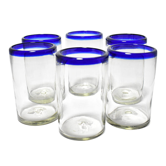Vasos Largos | Vidrio Soplado | Set de 6 Piezas | Hechos Artesanalmente en México | (Filo Azul Cobalto, Agua 16 Oz.) - MAREY -