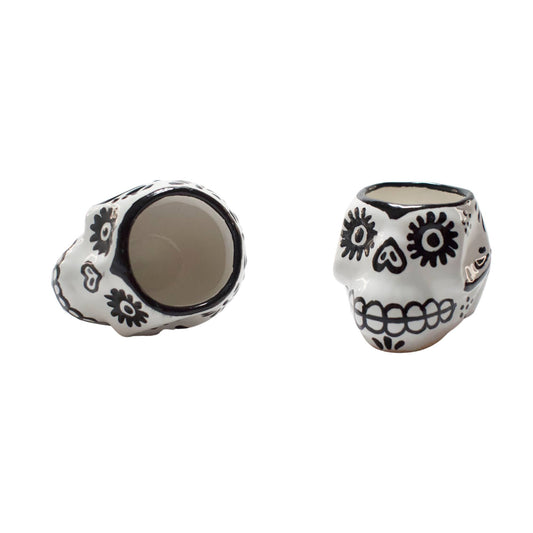 Vasos Mezcaleros | Calaverita | Cerámica de Talavera | Set de 4 Piezas | 100% Artesanal | (Black & White, 2 Oz.) - MAREY - Vaso Mezcalero