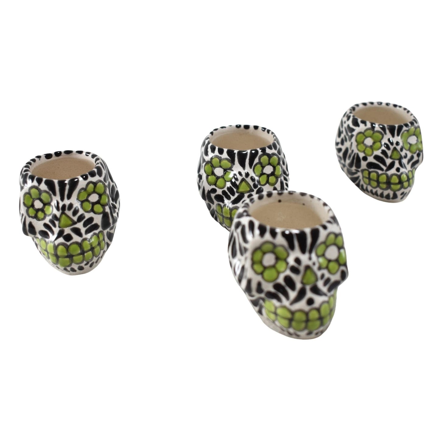 Vasos Mezcaleros | Calaverita | Cerámica de Talavera | Set de 4 Piezas | 100% Artesanal | (Decorado Verde & Negro, 2 Oz.) - MAREY -
