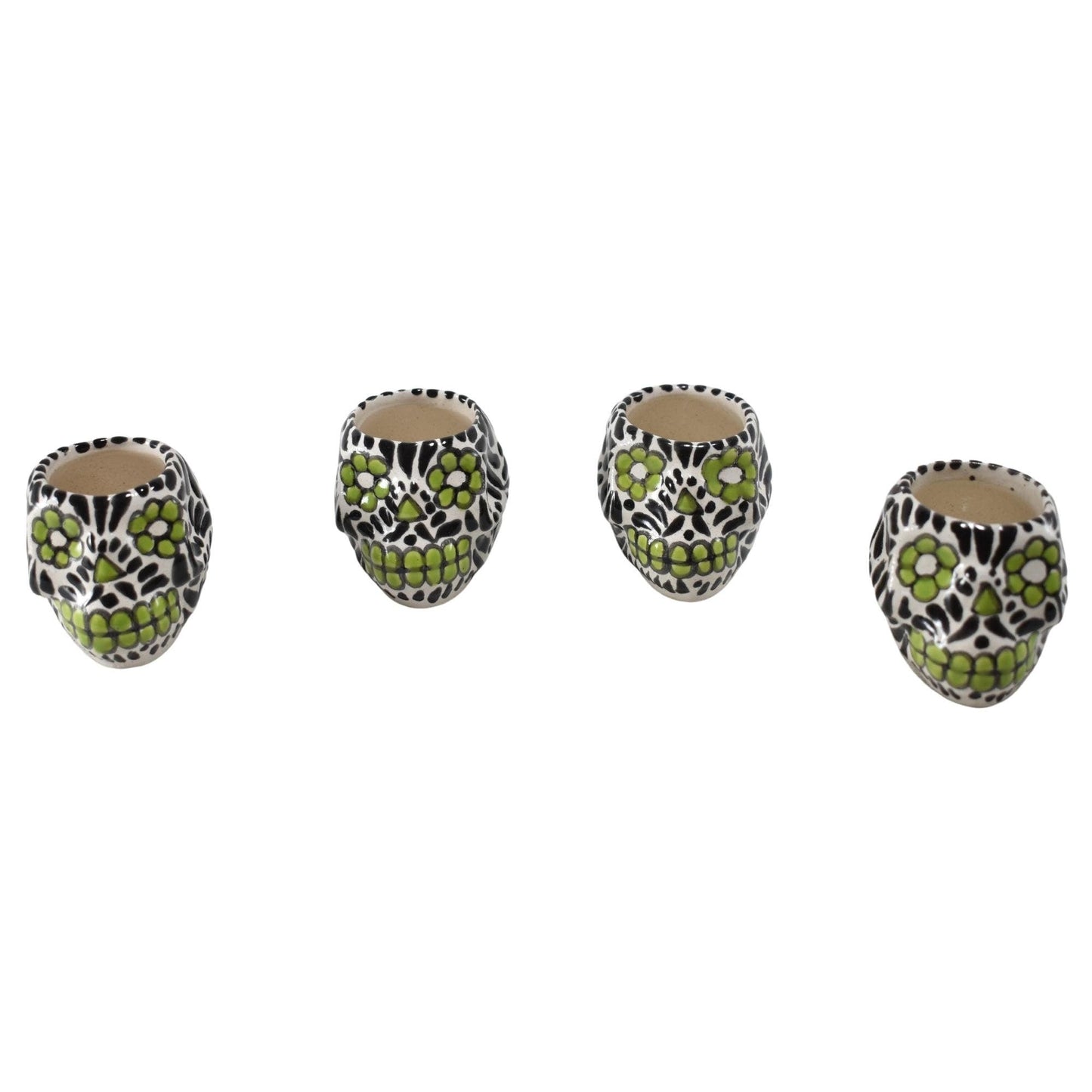 Vasos Mezcaleros | Calaverita | Cerámica de Talavera | Set de 4 Piezas | 100% Artesanal | (Decorado Verde & Negro, 2 Oz.) - MAREY -