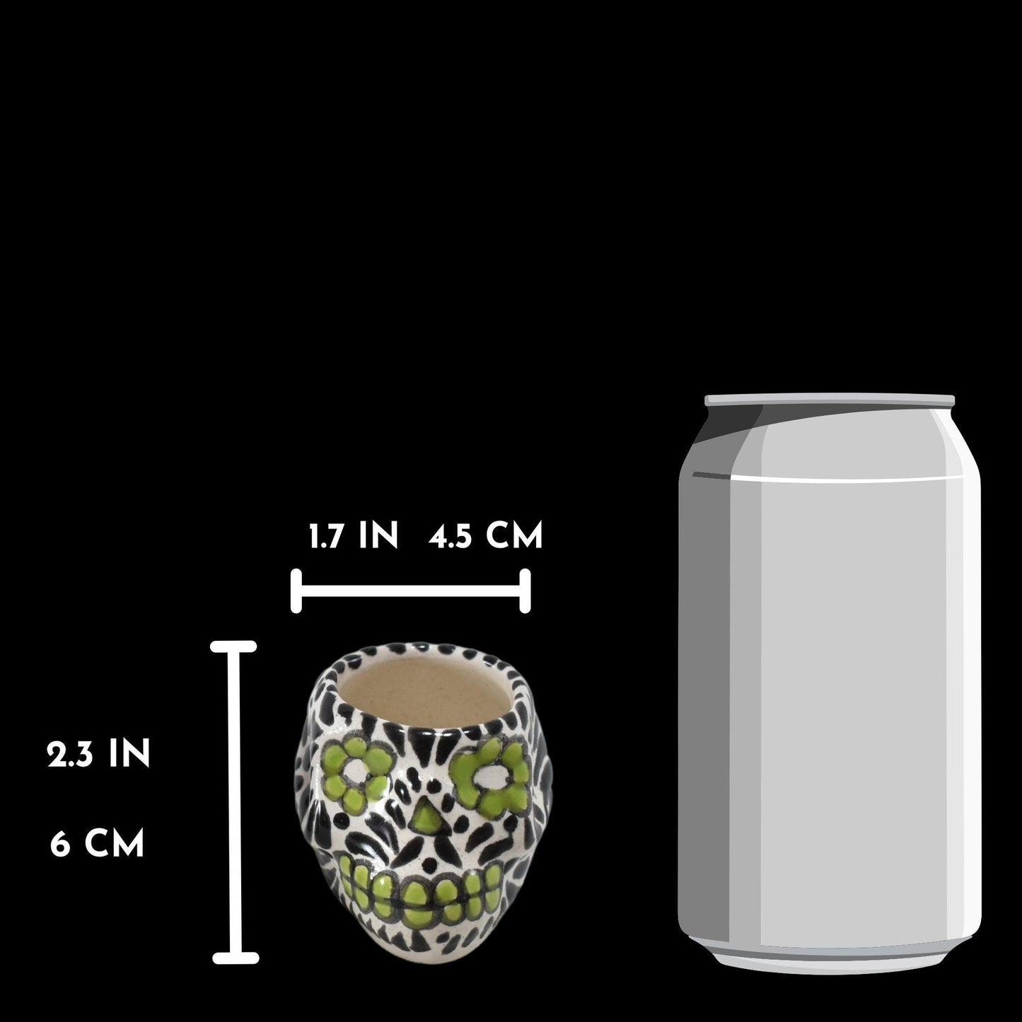 Vasos Mezcaleros | Calaverita | Cerámica de Talavera | Set de 4 Piezas | 100% Artesanal | (Decorado Verde & Negro, 2 Oz.) - MAREY -