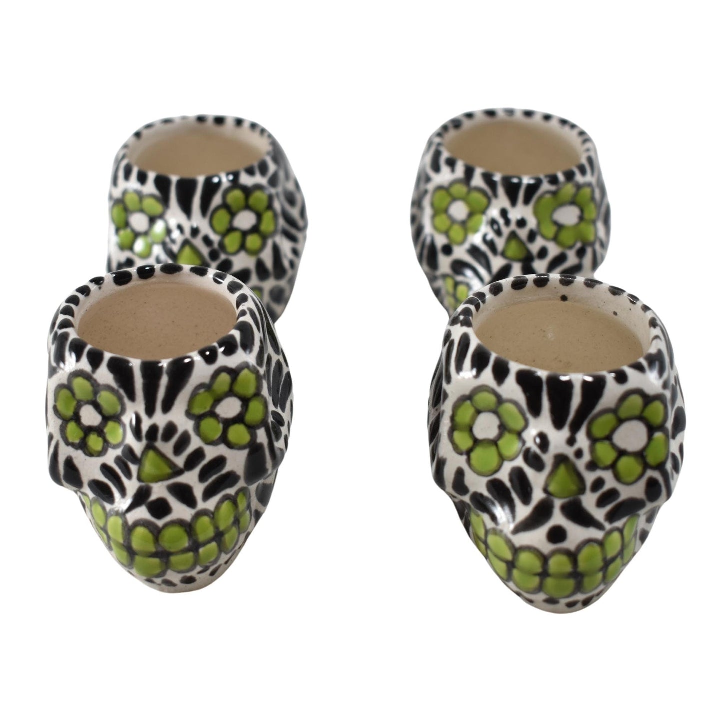 Vasos Mezcaleros | Calaverita | Cerámica de Talavera | Set de 4 Piezas | 100% Artesanal | (Decorado Verde & Negro, 2 Oz.) - MAREY -