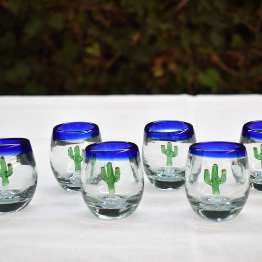Vasos Mezcaleros | Set de 6 Piezas | Caballitos de Vidrio Soplado Artesanalmente en México (Filo Azul Cobalto C/ Cactus, Barril 2 Oz.) - MAREY -