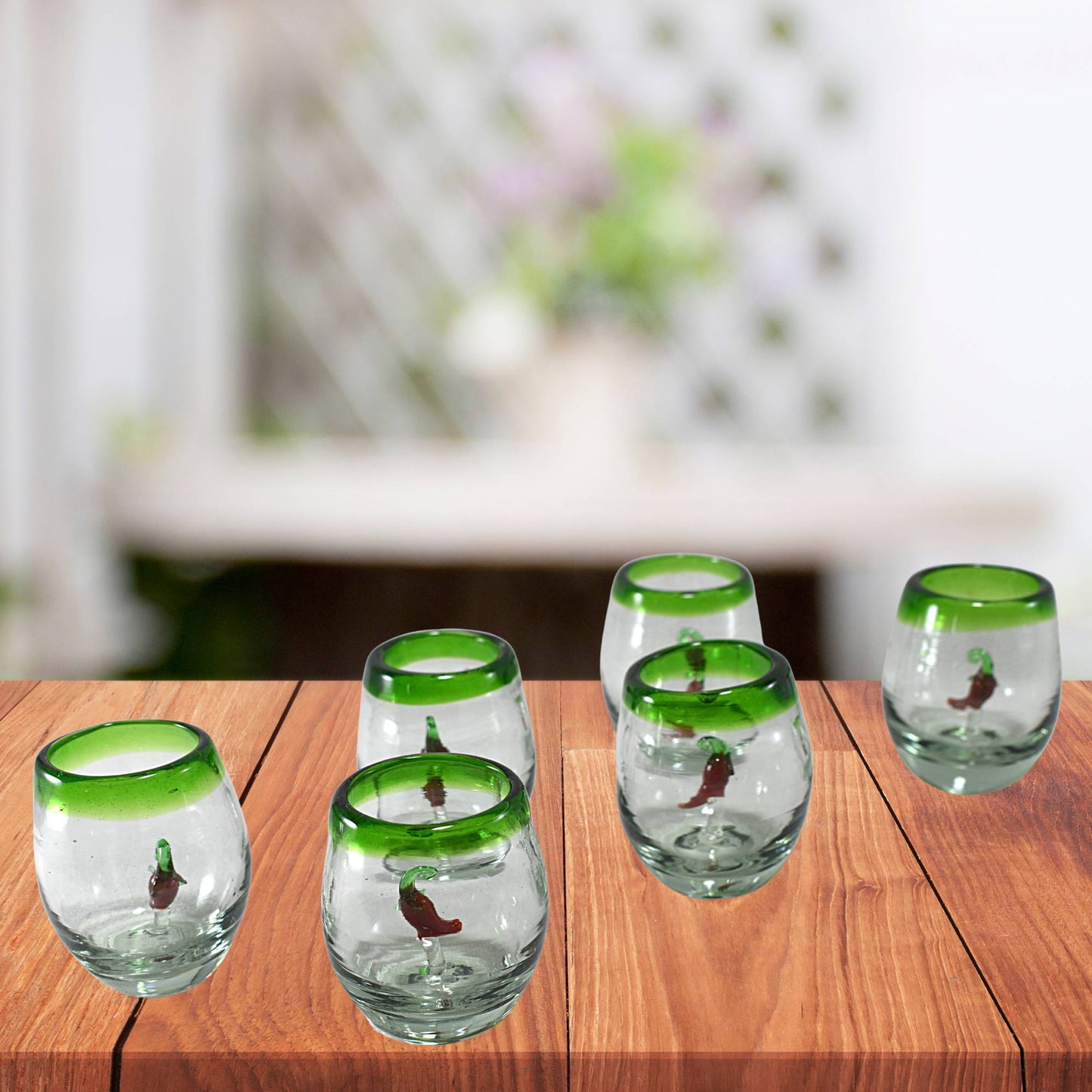 Vasos Mezcaleros | Set de 6 Piezas | Caballitos de Vidrio Soplado Artesanalmente en México (Filo Verde C/ Chile, Barril 2 Oz.) - MAREY -