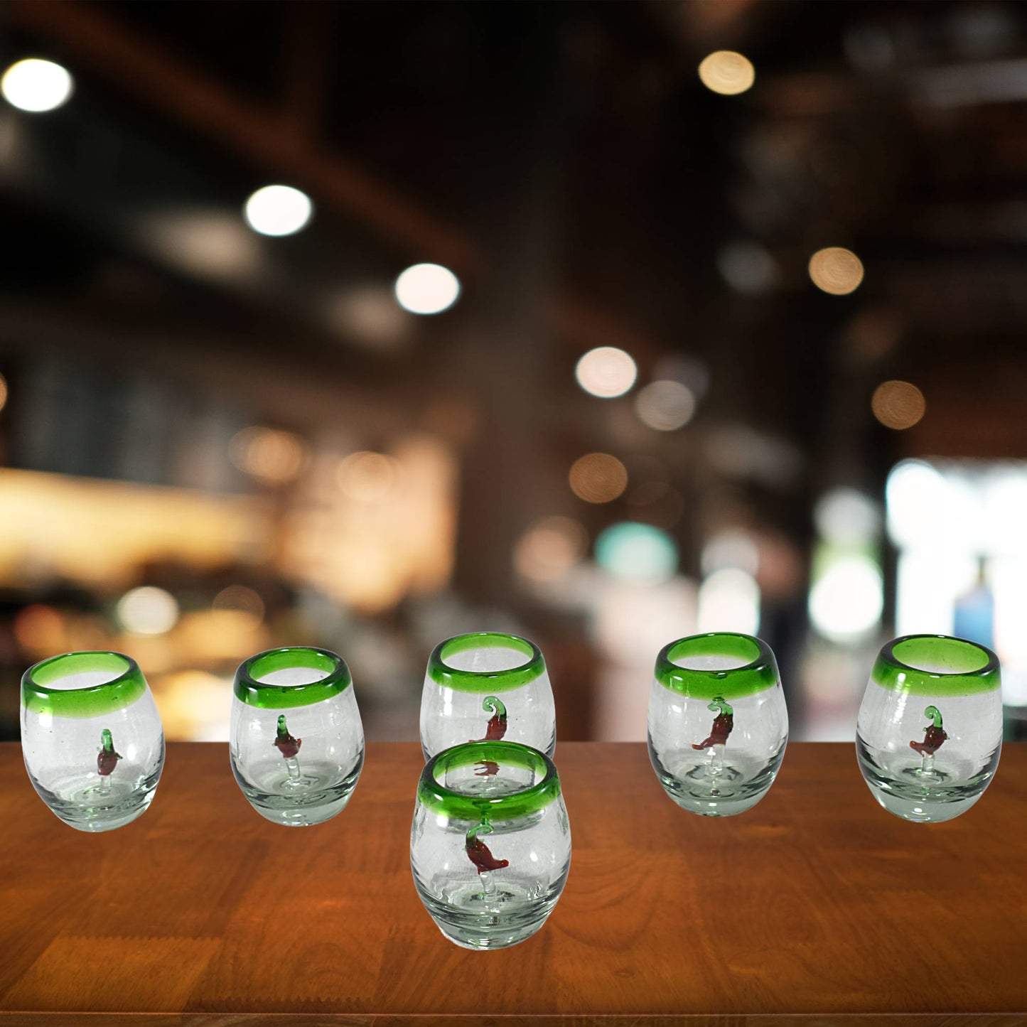 Vasos Mezcaleros | Set de 6 Piezas | Caballitos de Vidrio Soplado Artesanalmente en México (Filo Verde C/ Chile, Barril 2 Oz.) - MAREY -