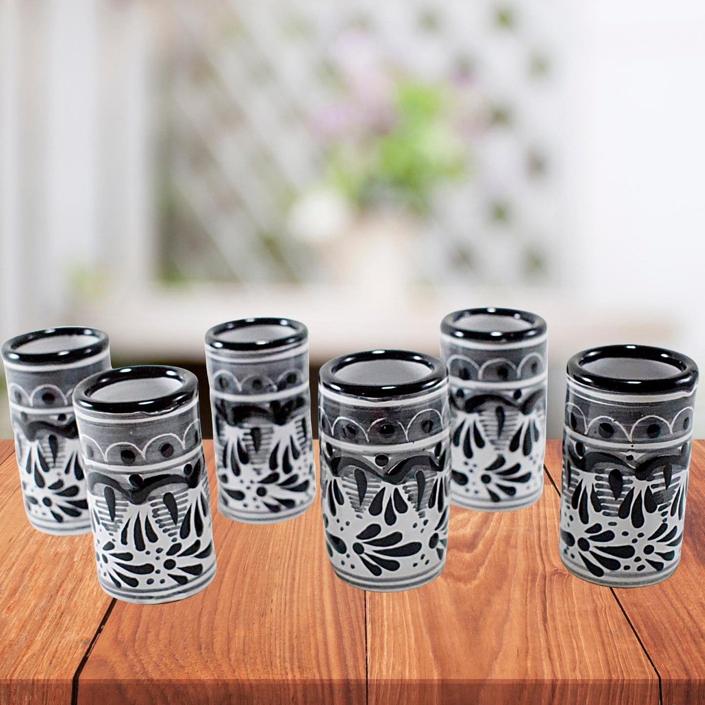 Vasos Tequileros | Cerámica de Talavera | Set de 6 Piezas | 100% Artesanal | (Decorado Negro, 2 Oz.) - MAREY - Vaso Tequilero