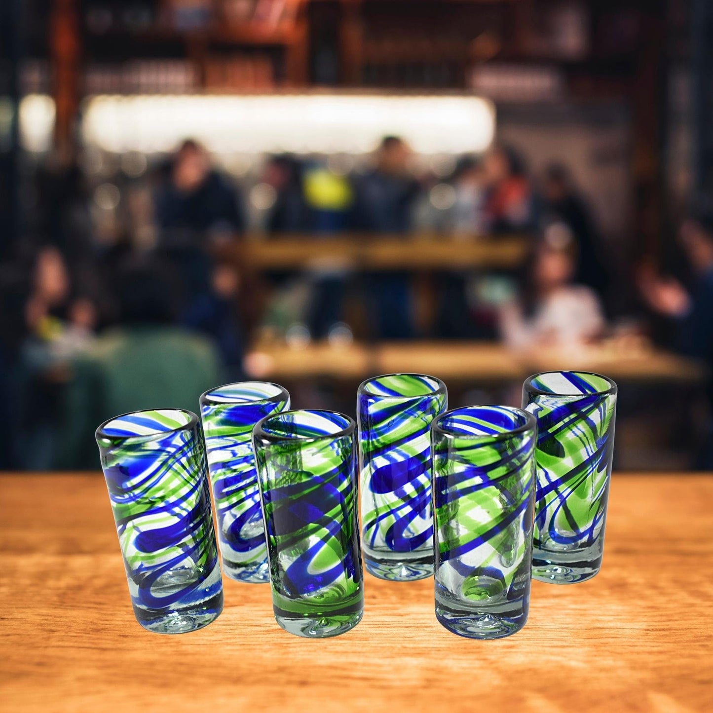 Vasos Tequileros de Vidrio Soplado Artesanalmente en México | Set de 6 Piezas |(Espiral Verde & Cobalto, 2 Oz.) - MAREY -