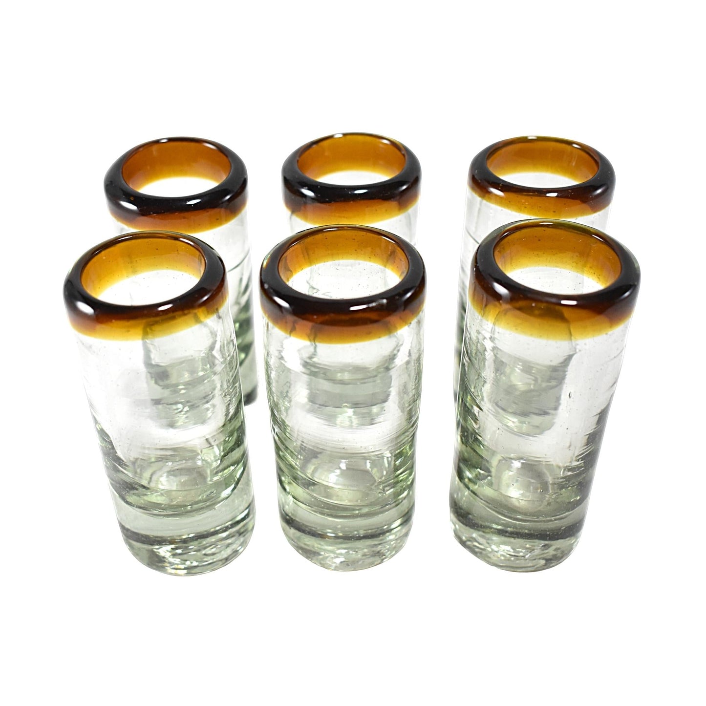 Vasos Tequileros | Vidrio Soplado Artesanalmente en México | Set de 6 Piezas | (Filo Ámbar, 2 Oz.) - MAREY -