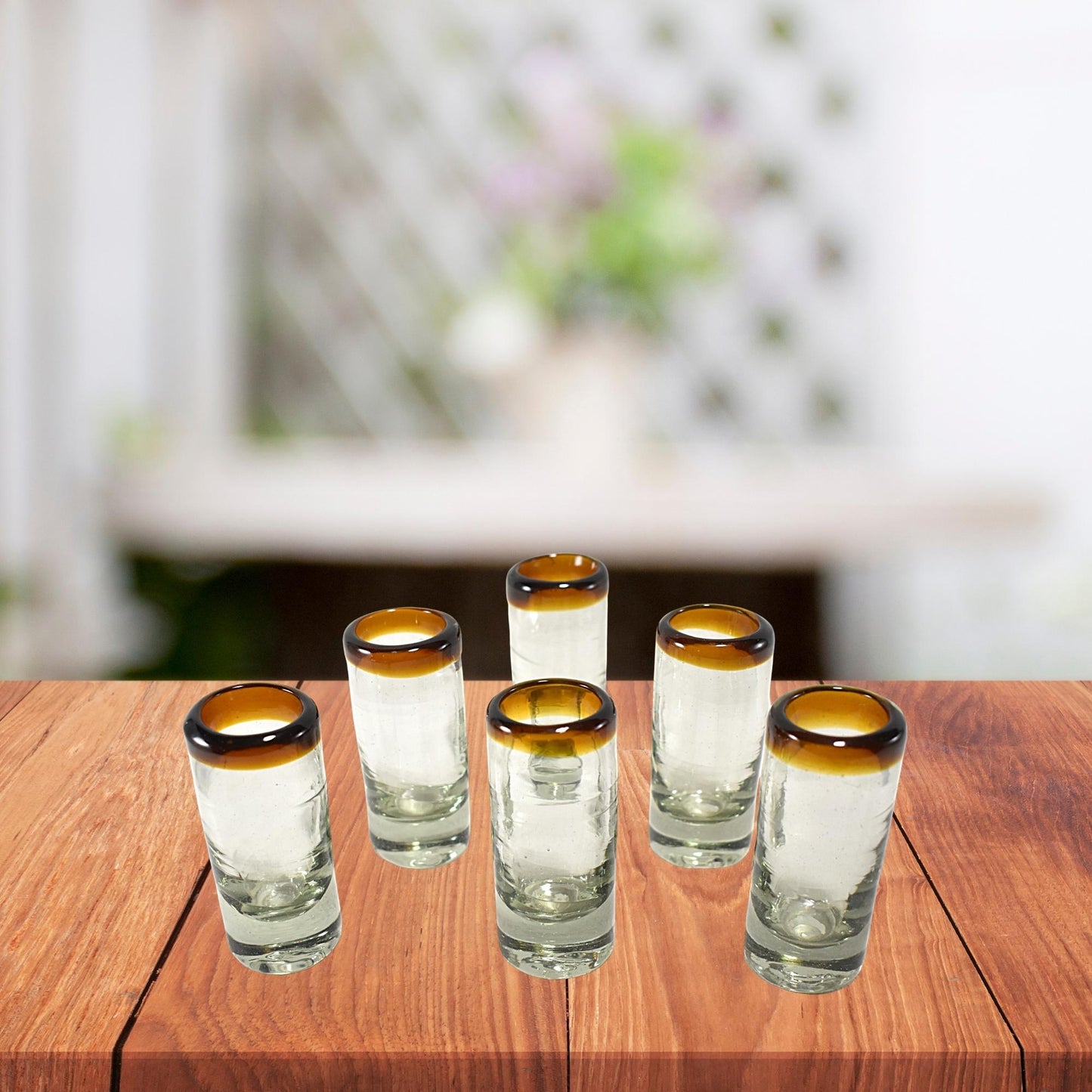 Vasos Tequileros | Vidrio Soplado Artesanalmente en México | Set de 6 Piezas | (Filo Ámbar, 2 Oz.) - MAREY -