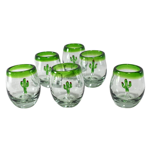 Vasos Tequileros | Vidrio Soplado Artesanalmente en México | Set de 6 Piezas | (Filo Verde C/Cactus, 2 Oz.) - MAREY -