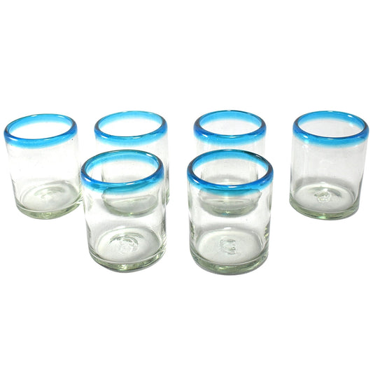 Vasos Vidrio Soplado | Set de 6 Piezas | Hechos Artesanalmente en México | (Filo Aqua, Old Fashioned 10 Oz.) - MAREY -