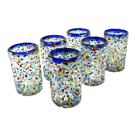 Vasos Vidrio Soplado | Set de 6 Piezas | Hechos Artesanalmente en México | (Granizado Multicolor, Agua 16 Oz.) - MAREY -