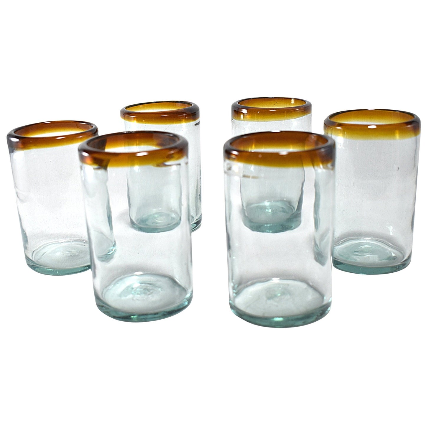 Vasos Vidrio Soplado | Set de 6 Piezas | Hechos Artesanalmente en México | Vaso Old Fashioned | (Filo Ámbar, Agua 16 Oz.) - MAREY -