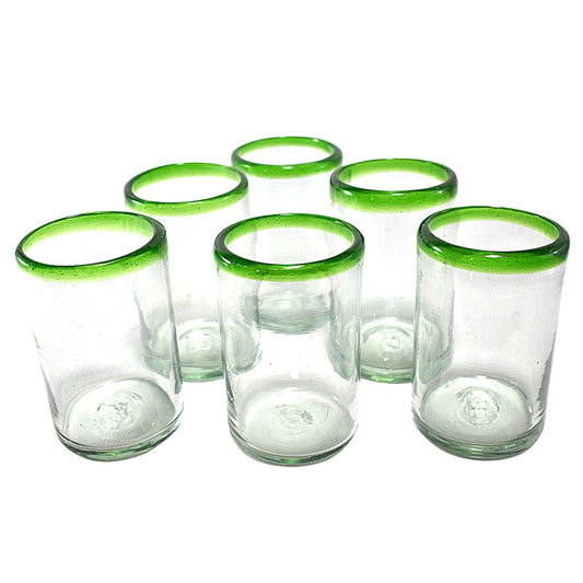 Vasos Vidrio Soplado | Set de 6 Piezas | Hechos Artesanalmente en México | Vaso Old Fashioned | (Filo Verde, Agua 16 Oz.) - MAREY -