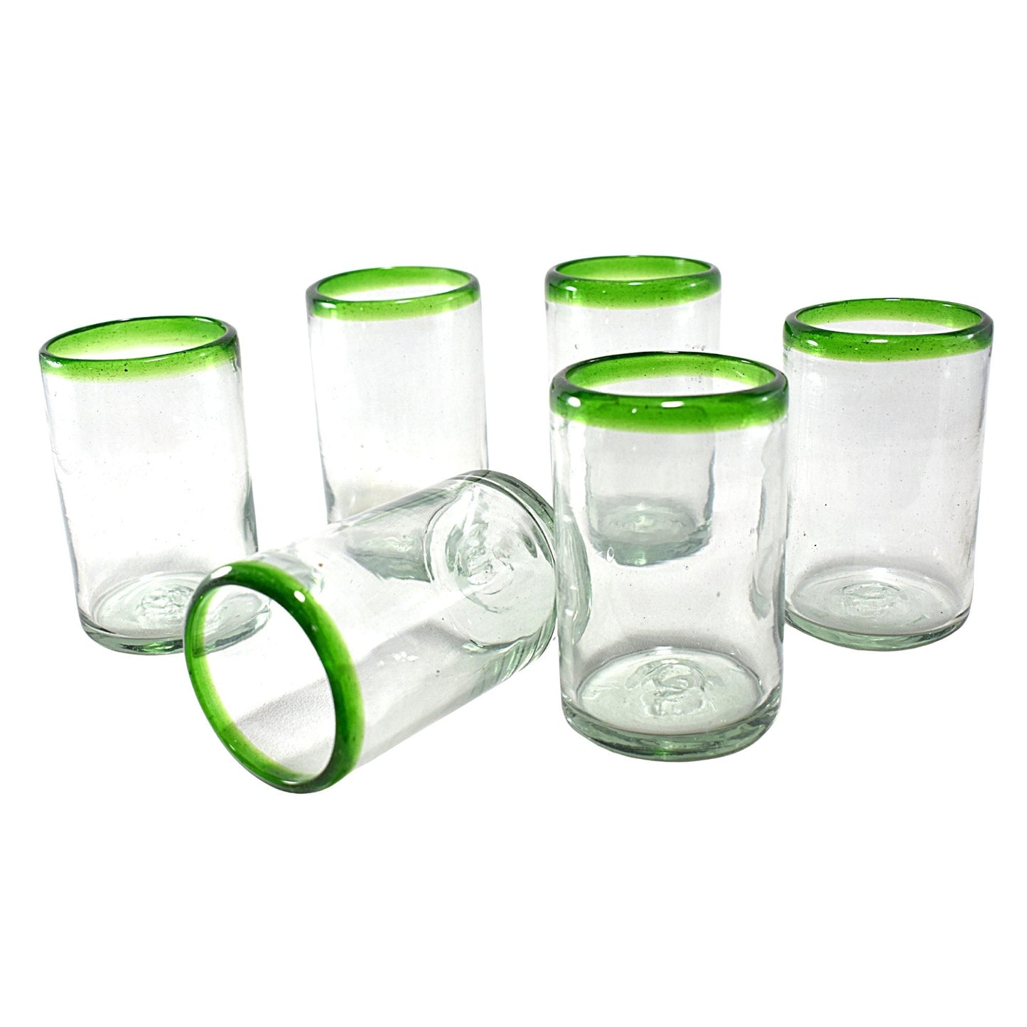 Vasos Vidrio Soplado | Set de 6 Piezas | Hechos Artesanalmente en México | Vaso Old Fashioned | (Filo Verde, Agua 16 Oz.) - MAREY -