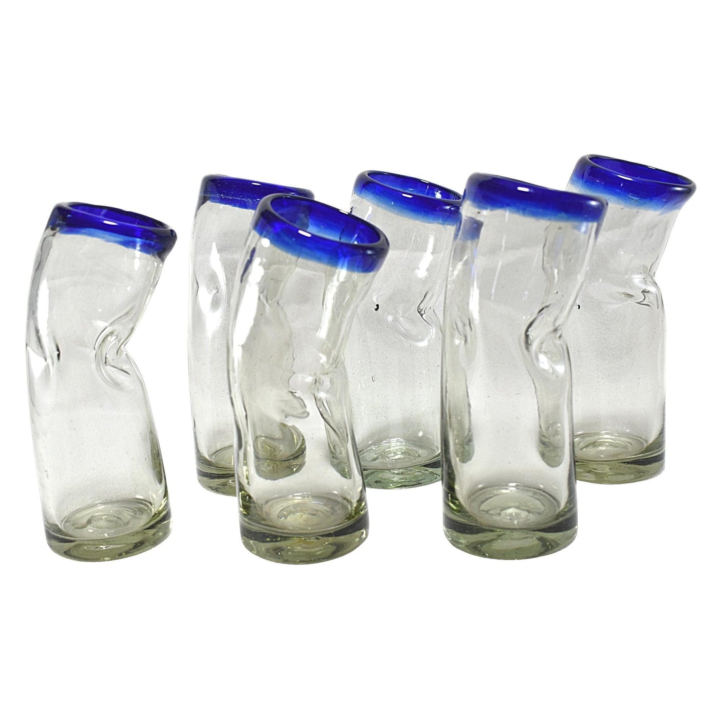Vasos Vidrio Soplado | Set de 6 Piezas | Vaso Borracho | (Filo Azul Cobalto, 14 Oz.) - MAREY -