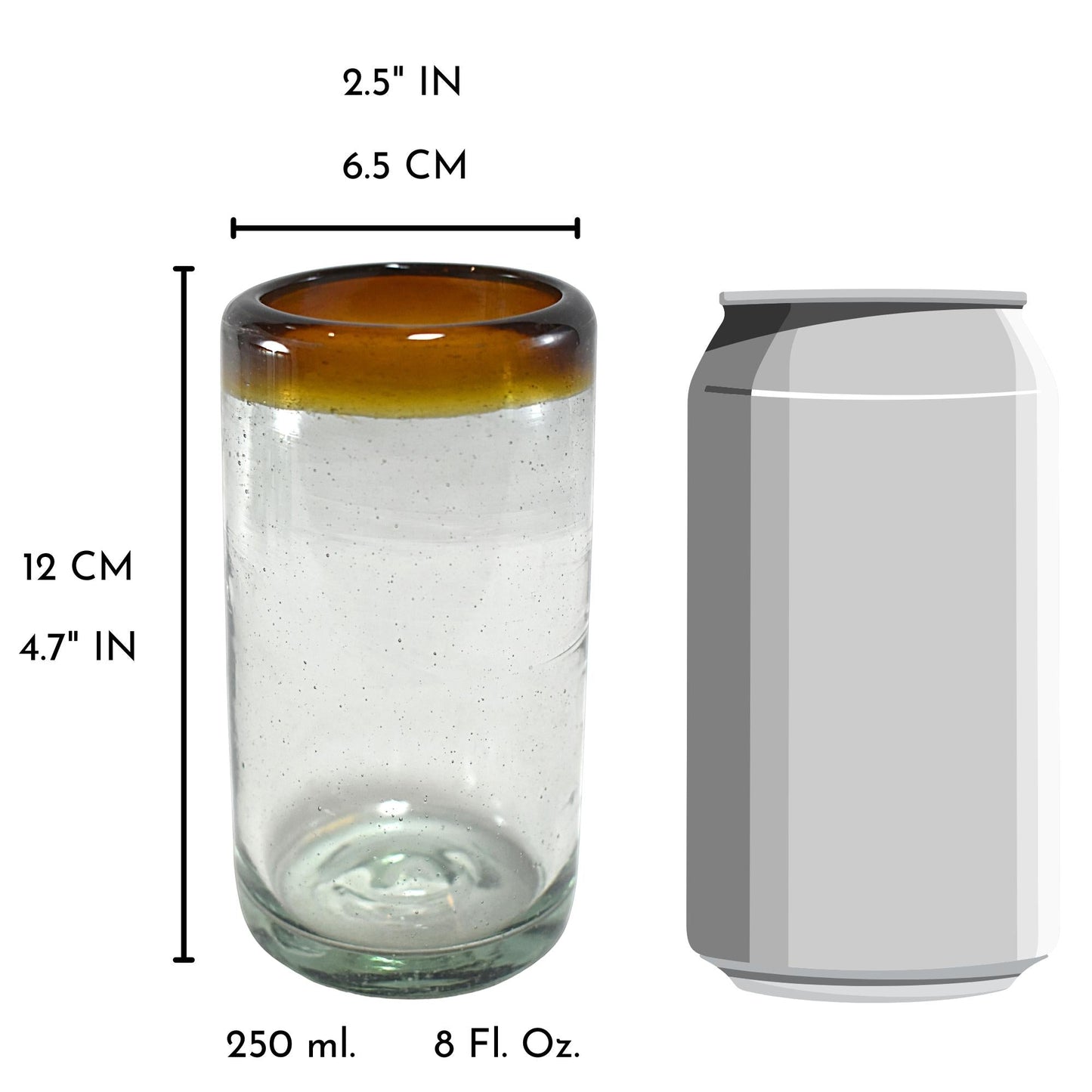 Vasos Vidrio Soplado | Vaso Jugo | Set de 6 Piezas | Hechos Artesanalmente en México | (Filo Ámbar, 8 Oz.) - MAREY -