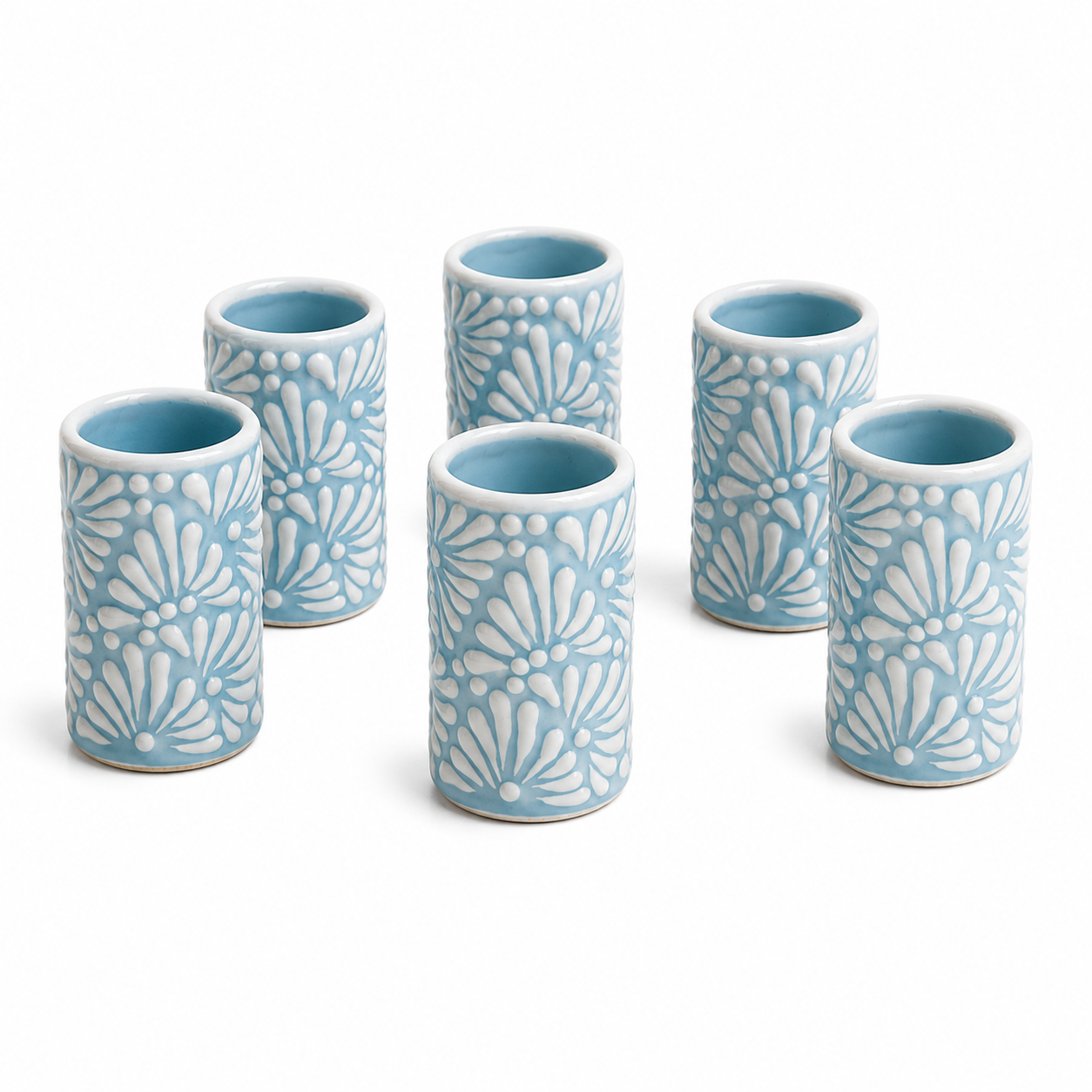Tequileros de Cerámica de Talavera 100% Artesanal (Baby Blue, 2 Oz.)