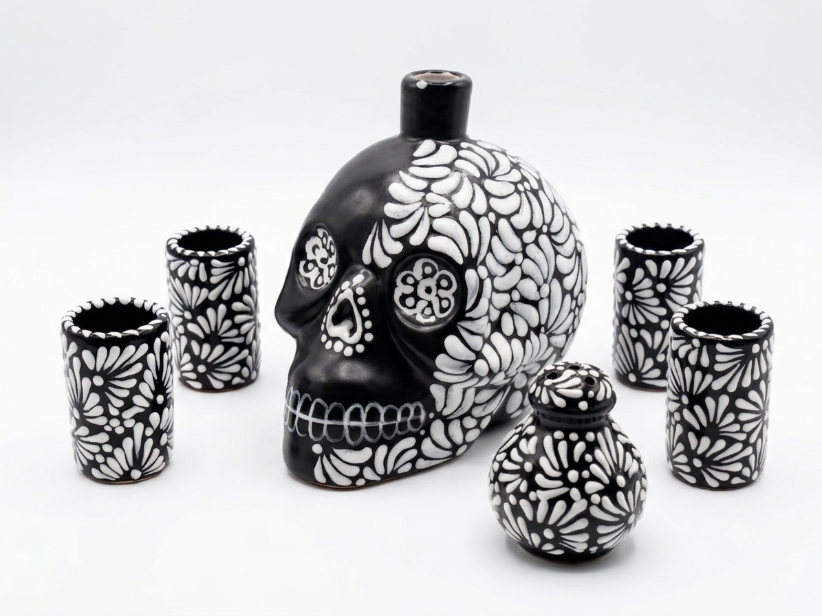 Licorera & Tequileros Set de Cerámica de Talavera Poblana 100% Artesanal (Blanco/Negro, 6 Piezas.)