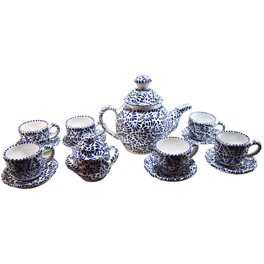 Juego de té | 6 Tazas de Café - Cafetera - Azucarera | Cerámica de Talavera | Hecho en Puebla, México | (Azul sobre Blanco) - MAREY - taza para cafe