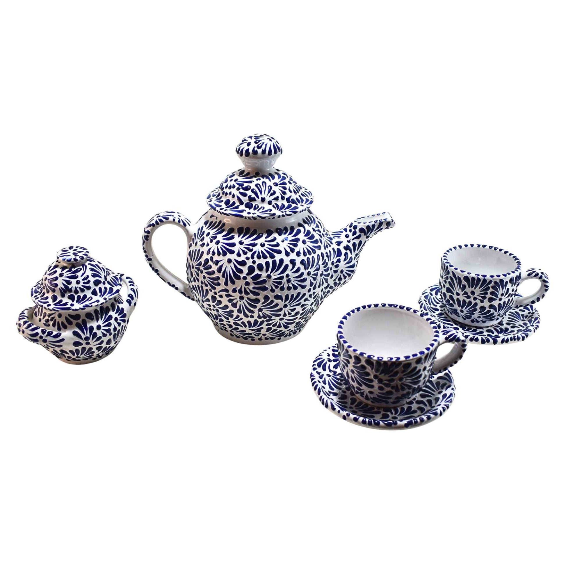 Juego de té | 6 Tazas de Café - Cafetera - Azucarera | Cerámica de Talavera | Hecho en Puebla, México | (Azul sobre Blanco) - MAREY - taza para cafe