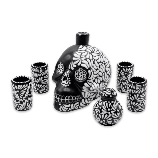 Licorera Calavera y Tequileros de Talavera Blanco y Negro | 6 piezas - MAREY.MX - Vaso Tequilero