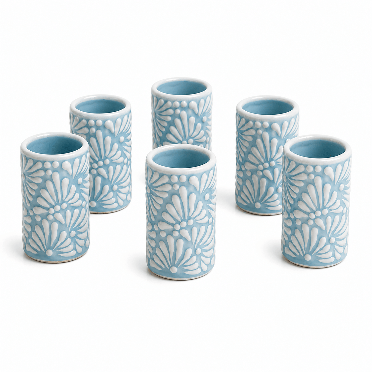 Tequileros de Cerámica de Talavera 100% Artesanal (Baby Blue, 2 Oz.) - MAREY - Vaso Tequilero