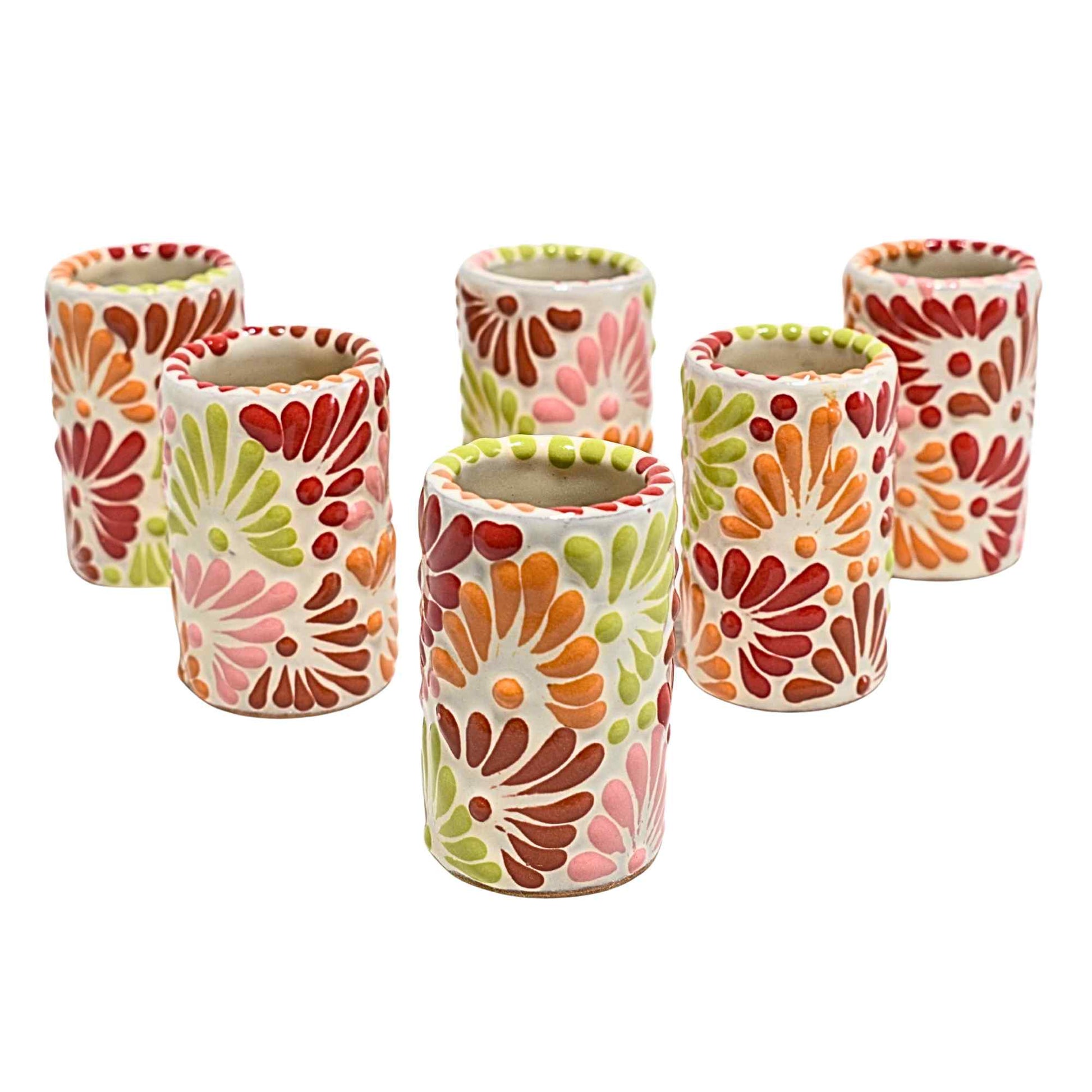 Tequileros de Cerámica de Talavera 100% Artesanal (Multicolor, 2 Oz.) - MAREY - Vaso Tequilero