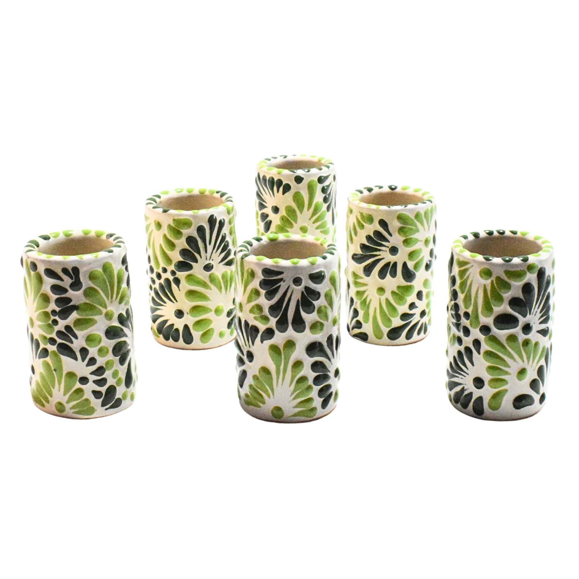 Tequileros de Cerámica de Talavera 100% Artesanal (Verde 2 Tonos, 2 Oz.) - MAREY - Vaso Tequilero
