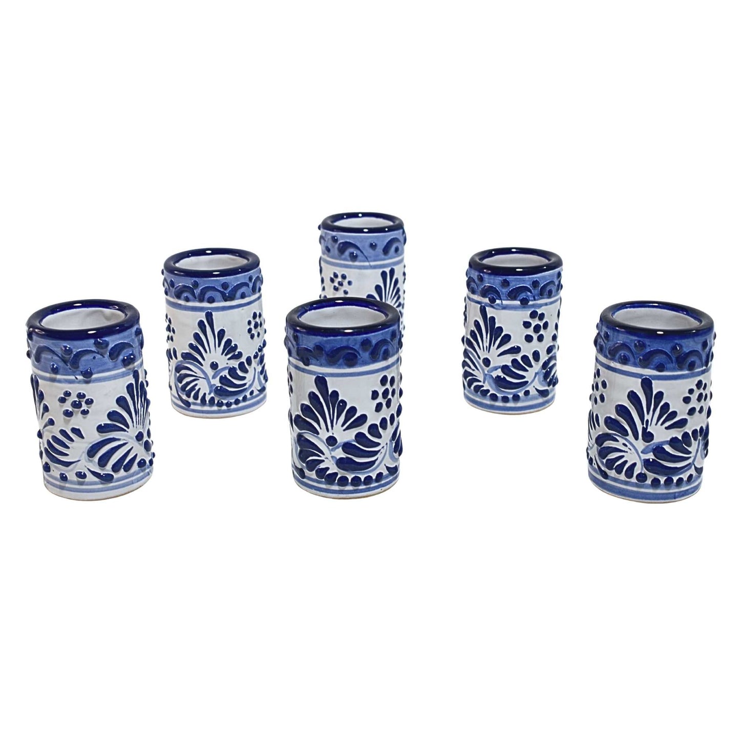 Vasos Tequileros | Cerámica de Talavera | 100% Artesanal | (Decorado Azul, 2 Oz.) - MAREY - Vaso Tequilero