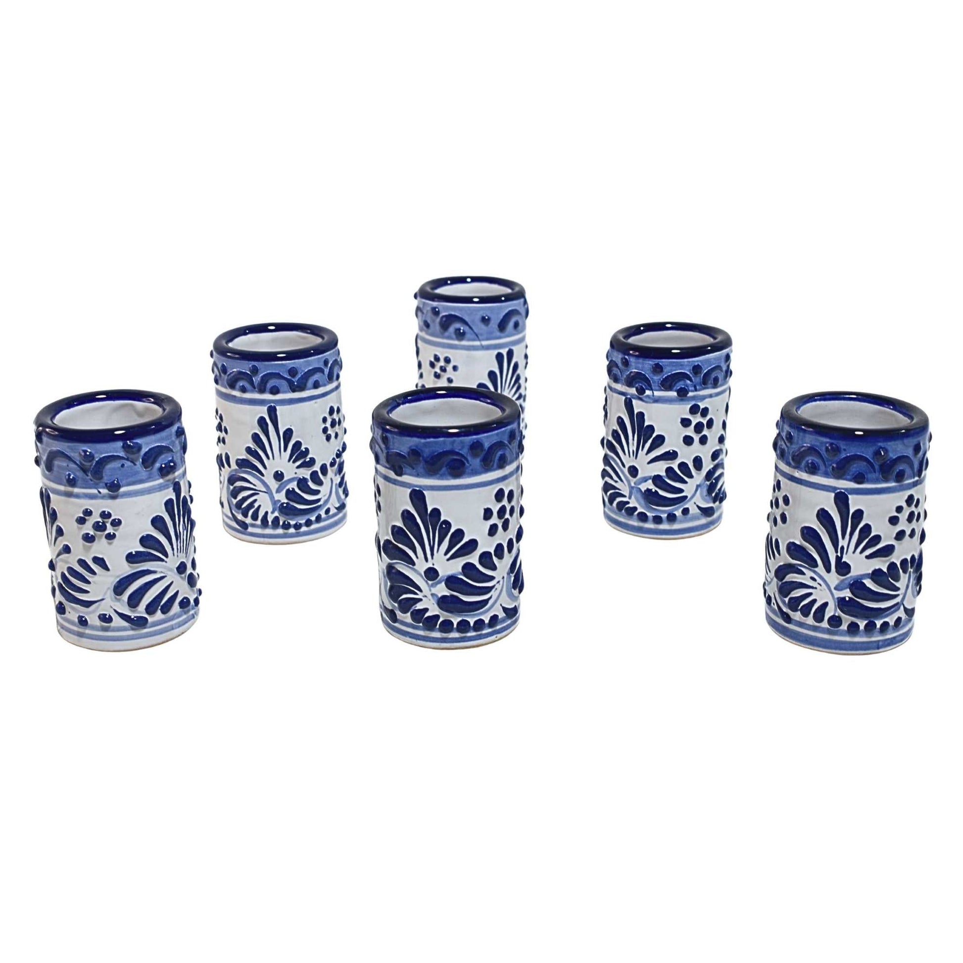Vasos Tequileros | Cerámica de Talavera | 100% Artesanal | (Decorado Azul, 2 Oz.) - MAREY - Vaso Tequilero
