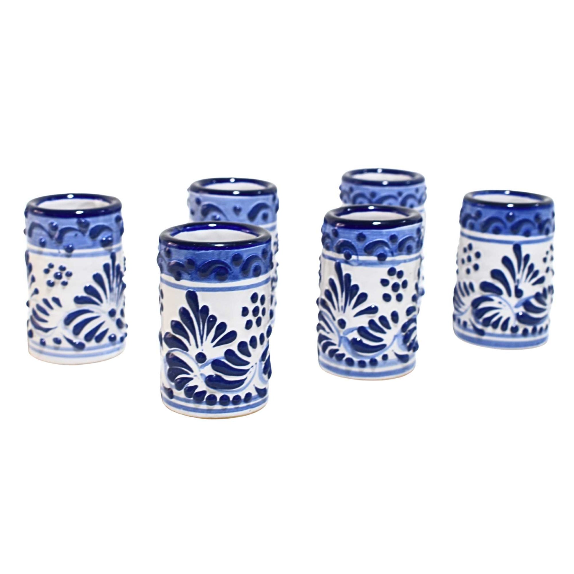 Vasos Tequileros | Cerámica de Talavera | 100% Artesanal | (Decorado Azul, 2 Oz.) - MAREY - Vaso Tequilero