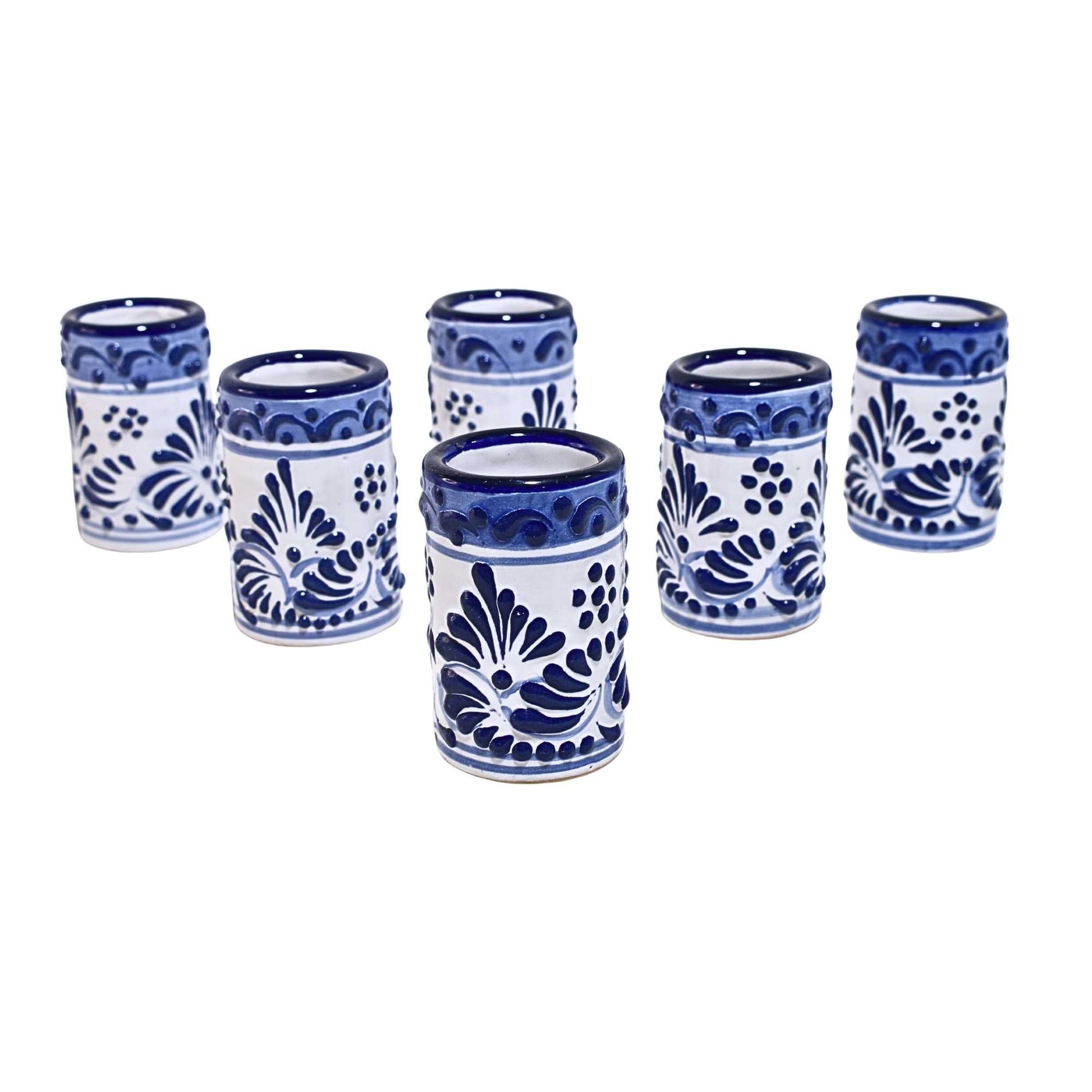 Vasos Tequileros | Cerámica de Talavera | 100% Artesanal | (Decorado Azul, 2 Oz.) - MAREY - Vaso Tequilero