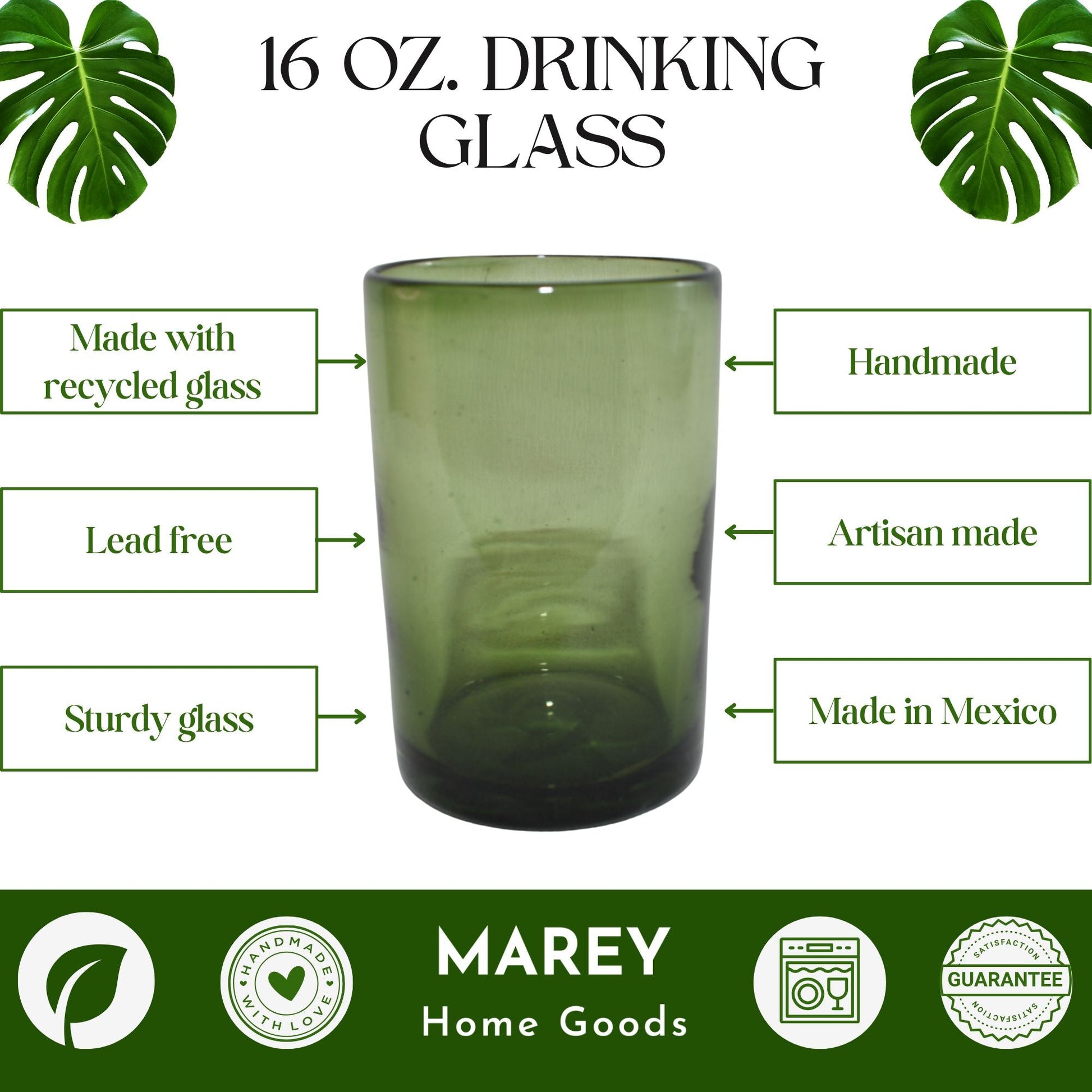 Vasos Vidrio Soplado | Set de 6 Piezas | Hechos Artesanalmente en México | (Verde Sólido, Agua 16 Oz.) - MAREY - 